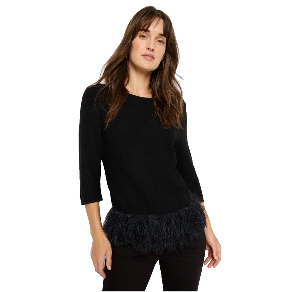 Nic+Zoe Feather Fringe Sweater L Black Onyx Textured Knit NWT